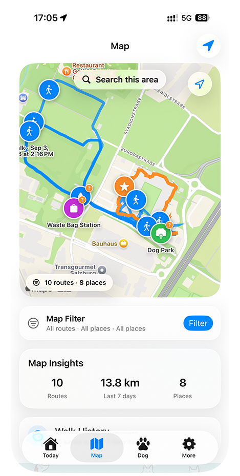 DailyDog map with walking routes and dog-friendly places