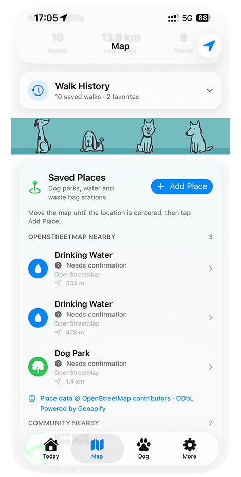 DailyDog saved places with drinking water and dog parks