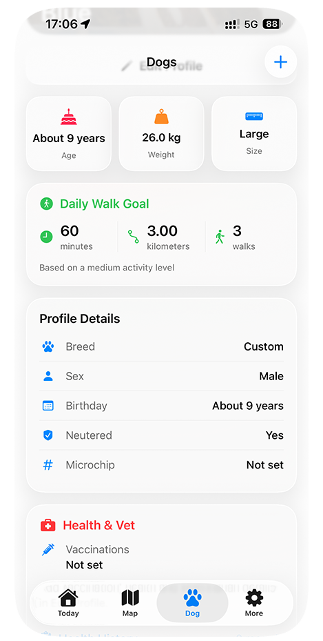 DailyDog dog profile with activity goals and health information