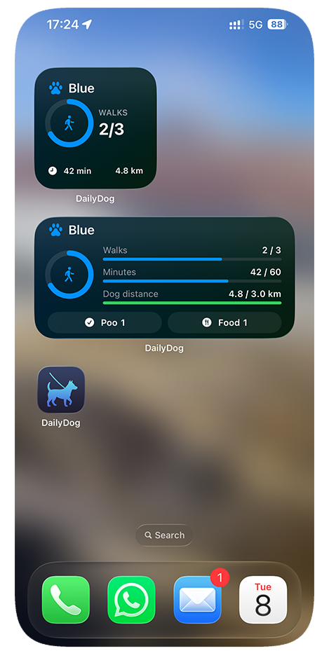 DailyDog home screen widgets showing daily walks and care